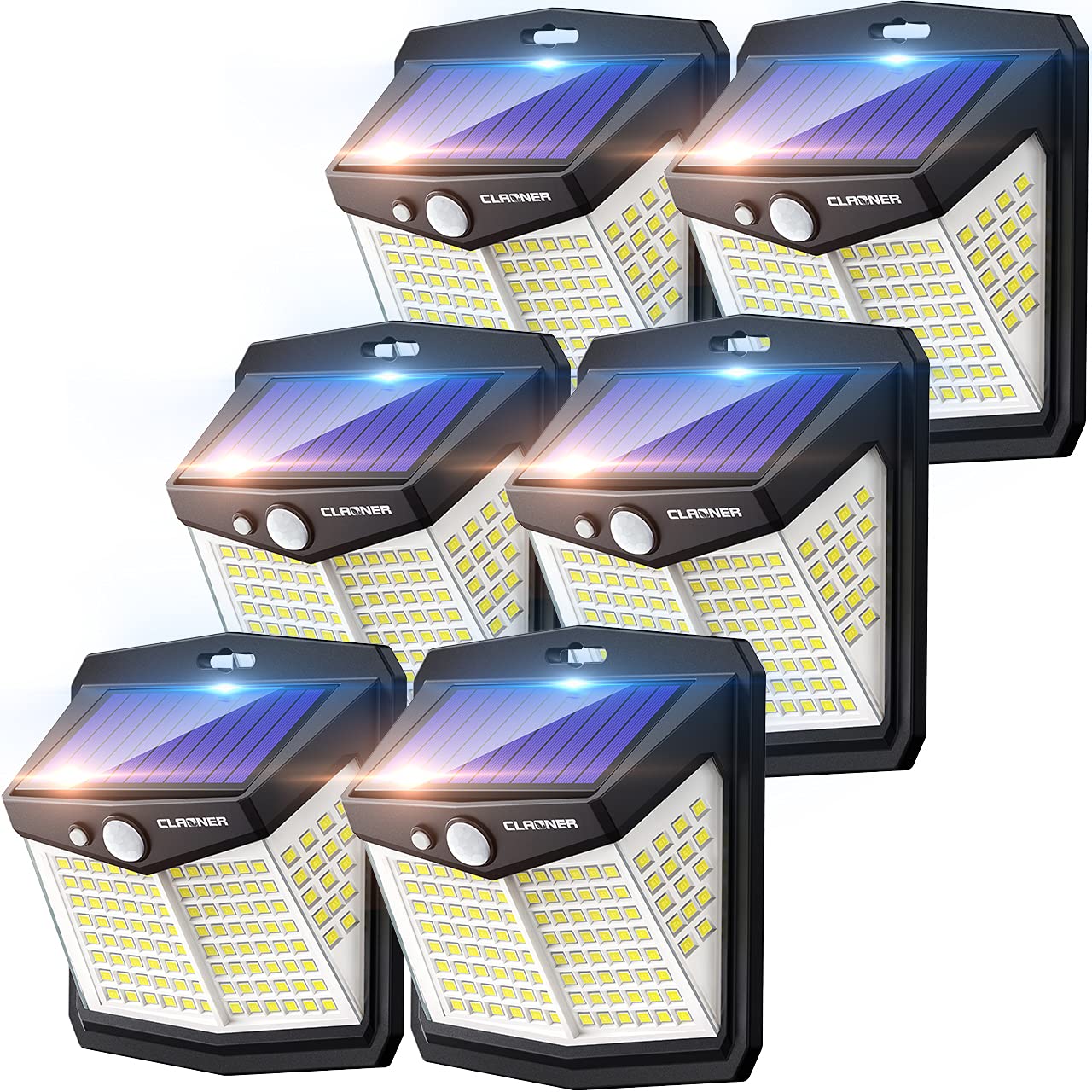 Claoner 128 LED Solar Motion Sensor Security Lights with 3 Lighting Modes IP65 Waterproof Durable Solar Powered Wall Lights 270° Lighting Angle for Yard, Door, Fence, Pathway (6 Pack)