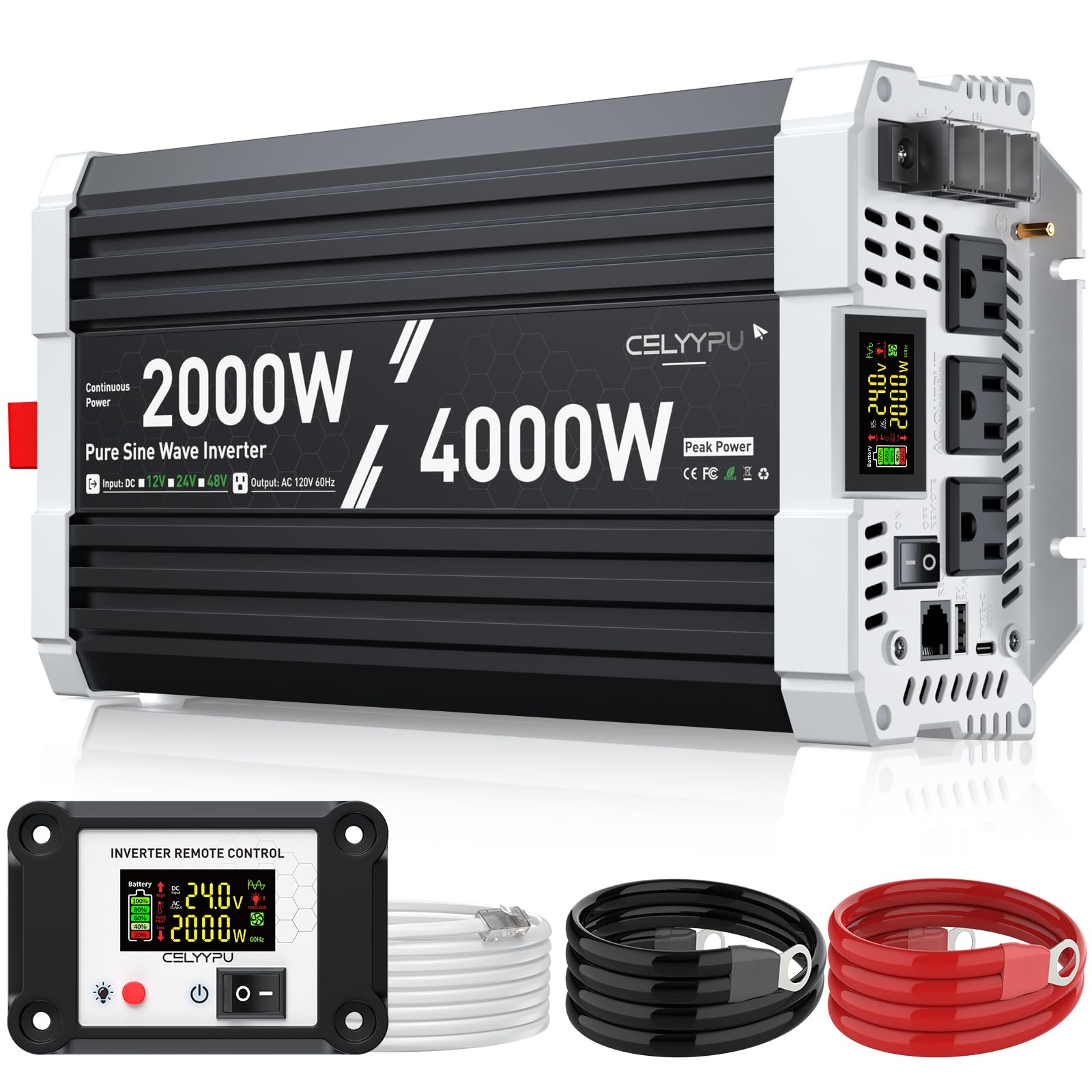 Photo 1 of 2000 watt Pure sine Wave Inverter, 24V DC to 110V AC Power Inverter, Used for Solar Emergency Power Supply in RV Homes, with 3 AC Output sockets, USB Port, Type-C Port, Remote Control with LCD Screen