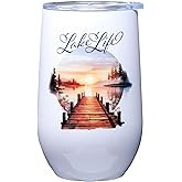 Spoontiques Lake Life Stainless Steel Tumbler - Insulated Wine Tumbler with Lid – Double Wall Stainless Steel Stemless Wine Glass – 16oz - 5 5/8" Tall