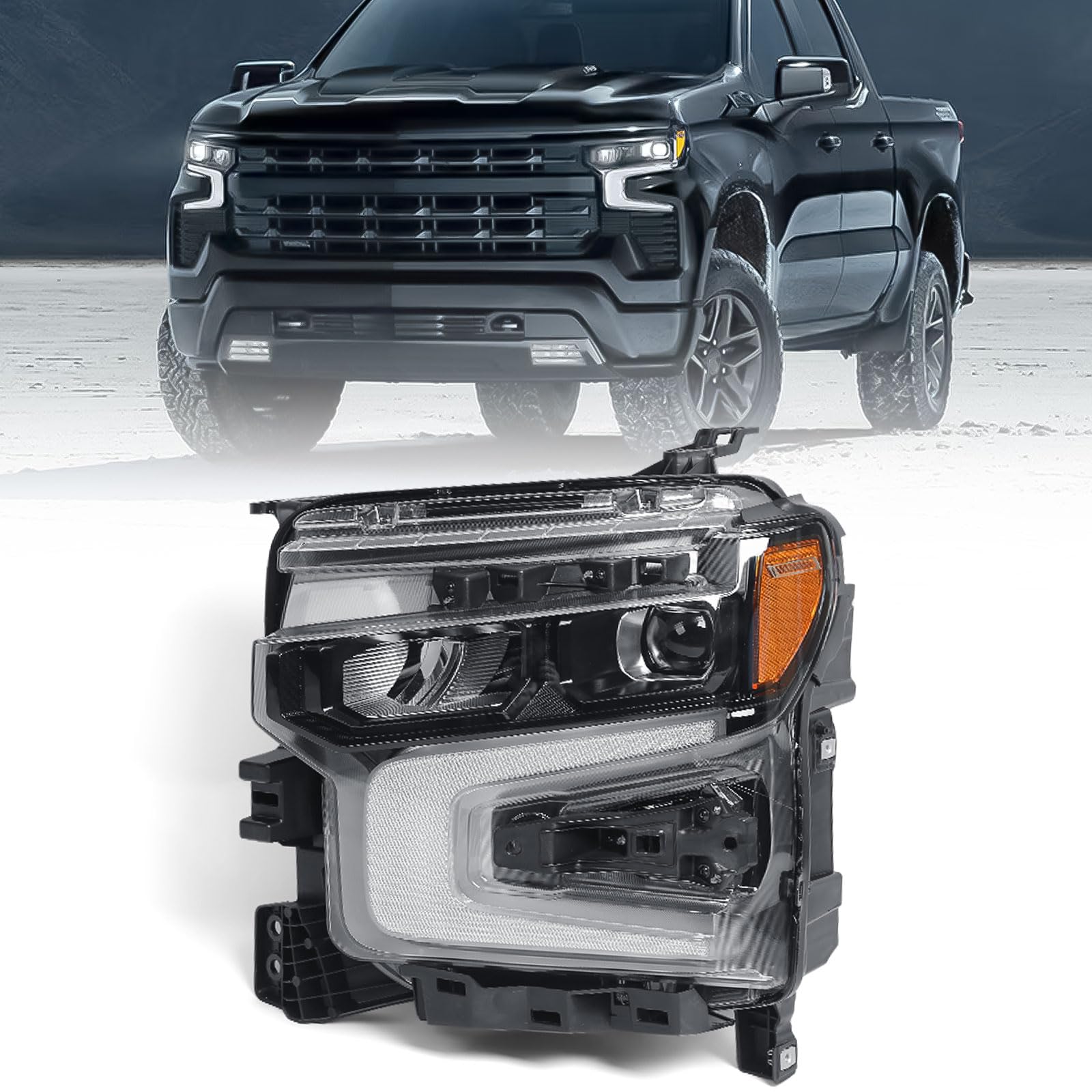 Photo 1 of VLINCAR Full LED Headlight Compatible with Chevy Silverado 1500 2022 2023 2024 LT Trail Boss/RST Model w/Amber Animation Head Light Lamp Black Bezel Left Driver Side 85594431