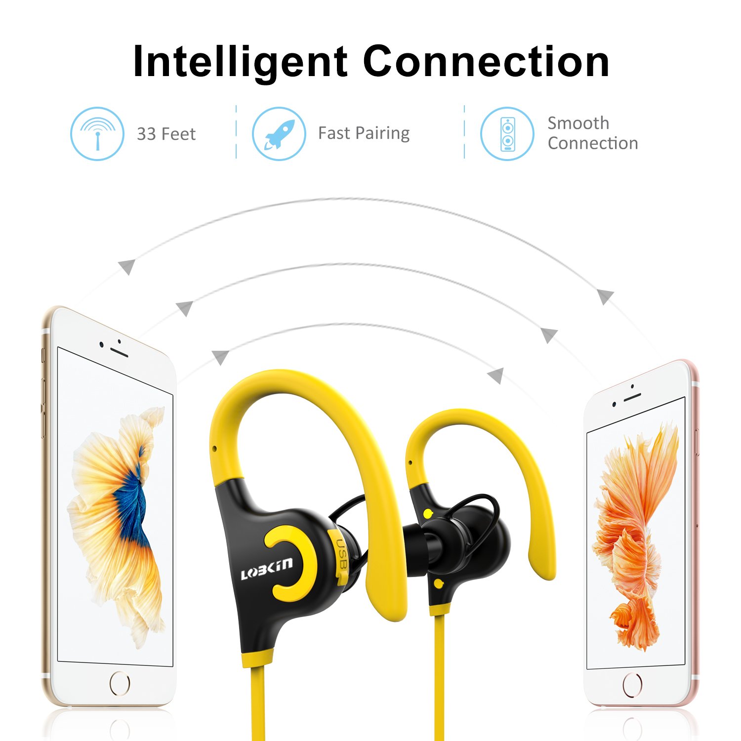 Bluetooth Headphones, Lobkin Wireless Headset Bluetooth V4.1 Stereo In Ear Earbuds Noise Cancelling Headphones Sweatproof Sports Earphones with Mic (Yellow)