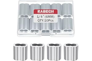 RABECH 1/4 Inch Aluminum Crimping Loop Sleeve 1/4" 6MM Cable Ferrules Crimp Loops Sleeves for Wire Rope (Pack of 10Pcs)