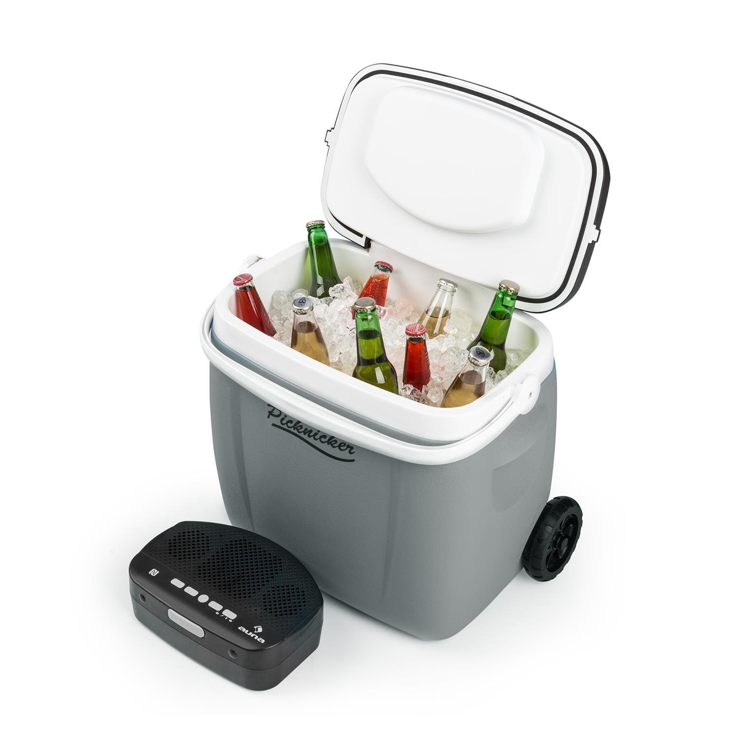 Auna Picknicker Trolley - Music Cooler, Trolley Cooler, 36 Litre Volume, Waterproof Bluetooth Speaker with FM Radio, Pull-out Trolley Handle, Tablet and Drink Holder, Bottle Opener, Grey