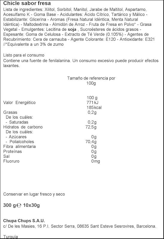Pocket Chicle Fresa, Sin Azúcar - 10 unidades de 30 gr. (Total 300 gr.)