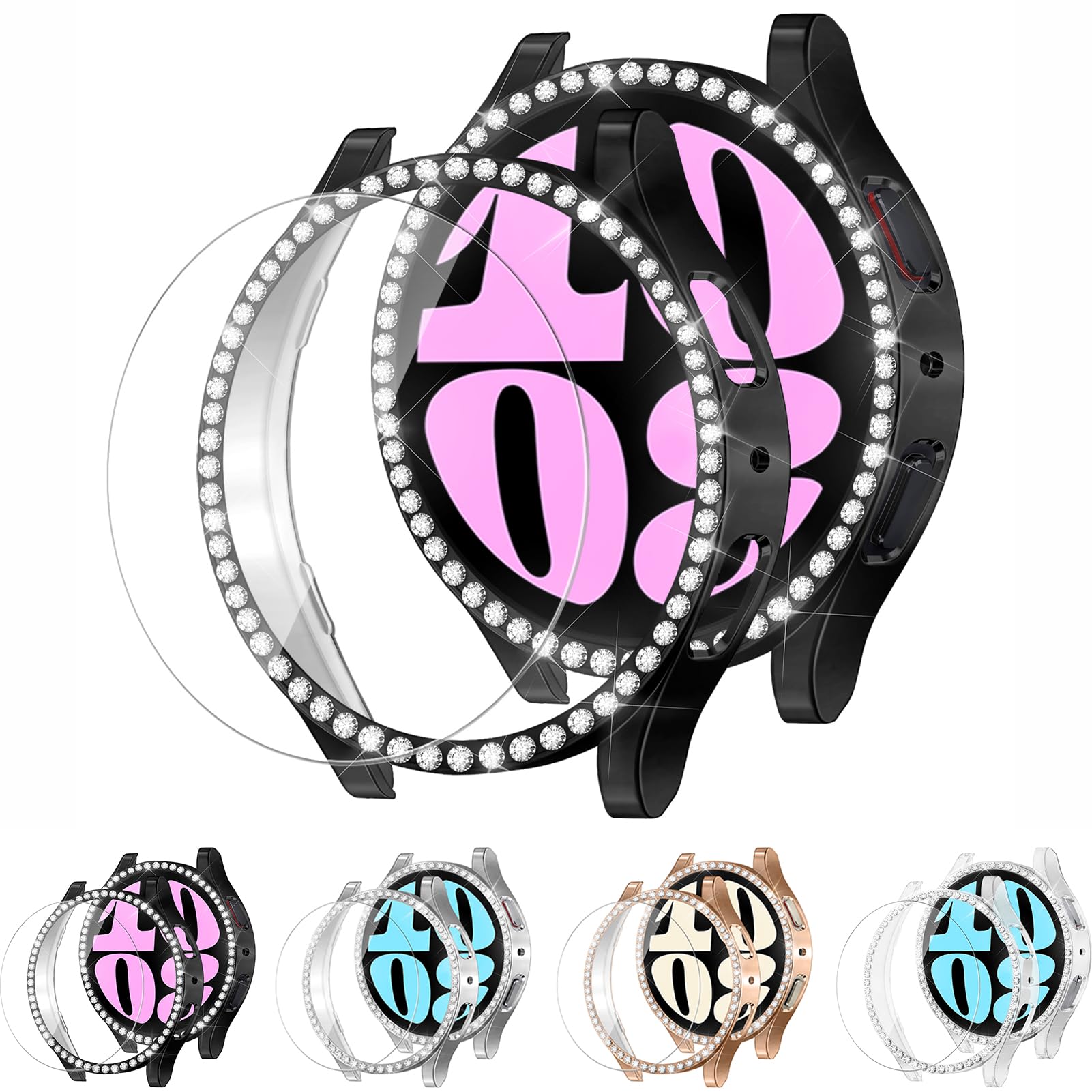 EIHAIHIS [4+4Pack Bling Diamond Case for Samsung Galaxy Watch 5/4 Screen Protector 44mm Women, Glitter Rhinestone Protective Hard PC Bumper Covers for Galaxy Watch 5/4 Case 44mm Cover Accessories