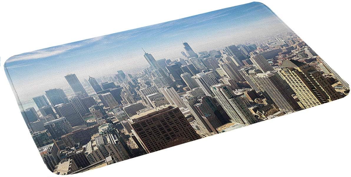Memory Foam Bath Mats 16x24,Aerial View of Chicago USA Tall Buildings Contemporary Architecture Skyscrapers Non Slip Absorbent Bathroom Rugs Rubber Back Runner Mat for Kitchen Bathroom Floors