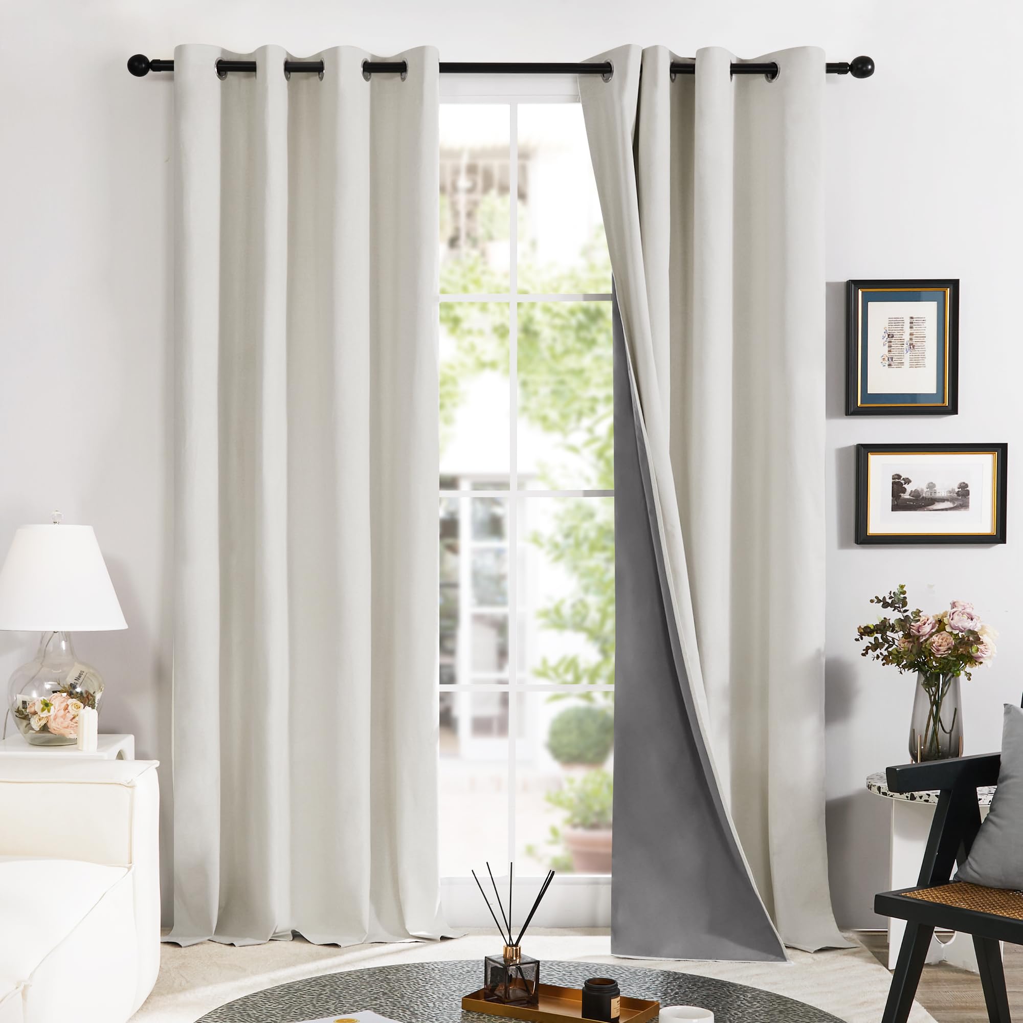 Deconovo Full Blackout Curtains Thermal Insulated Energy Efficiency Eyelet Bedroom Blackout Curtains with Coating Back Layer 46 x 90 Inch Greyish White 1 Pair