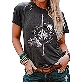 Outdoor Mountain Moon Compass T-Shirt Women Funny Sport Graphic Tees Summer Hiking Camping Short Sleeve Shirts