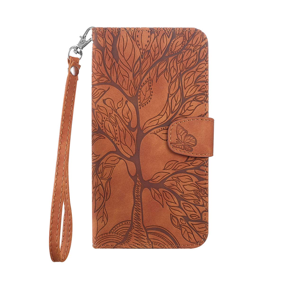 Nbziyoo Phone Case for iPhone 13,the Butterfly Tree Embossed PU Leather Wallet Flip Case with Card Holder,Wrist Strap,Magnetic Closure Shockproof Kickstand Cover Case, Brown