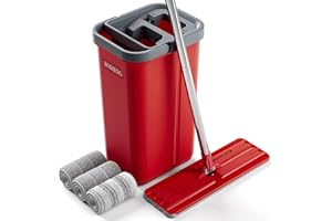 BOSHENG Mop and Bucket with Wringer Set, Flat Mop and Bucket, Squeeze Floor Mop with 3 Washable Microfiber Mops, Wet and Dry Use, Household Cleaning Tools, for Hardwood Floor, Laminate, Tile