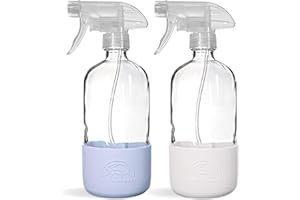 SAVVY PLANET Empty Clear Glass Spray Bottles with Silicone Sleeve Protection - Refillable 16 oz Containers for Cleaning Solutions, Essential Oils - Quality Sprayer - 2 Pack