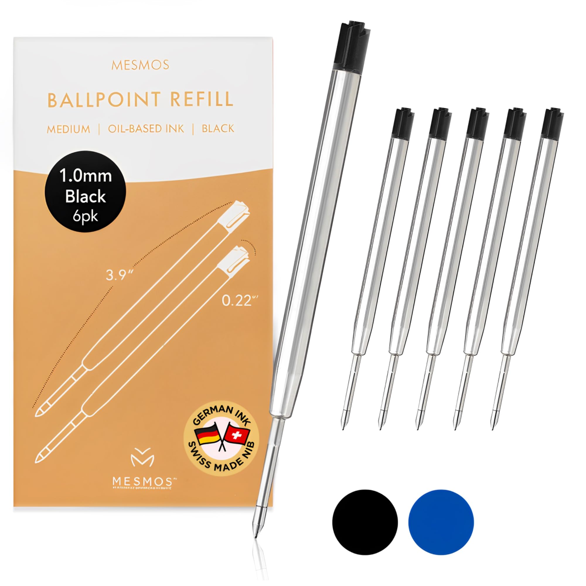 MESMOS 6 Pack 3.9 inch (9.8cm) Pen Refills Ballpoint, Compatible with Ballpoint Parker Pen, Replacement Ink Refills, 1.0mm Smooth Writing Tip Cartridge (Black Ink)