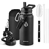 RAYMYLO Insulated Water Bottle 32 oz, Triple Wall Vacuum Stainless Steel (Cold for 48 Hrs), Leak Proof & Non-BPA, Modern Water Flask Jug with Paracord Handle & Straw Spout Lids, Magic Black