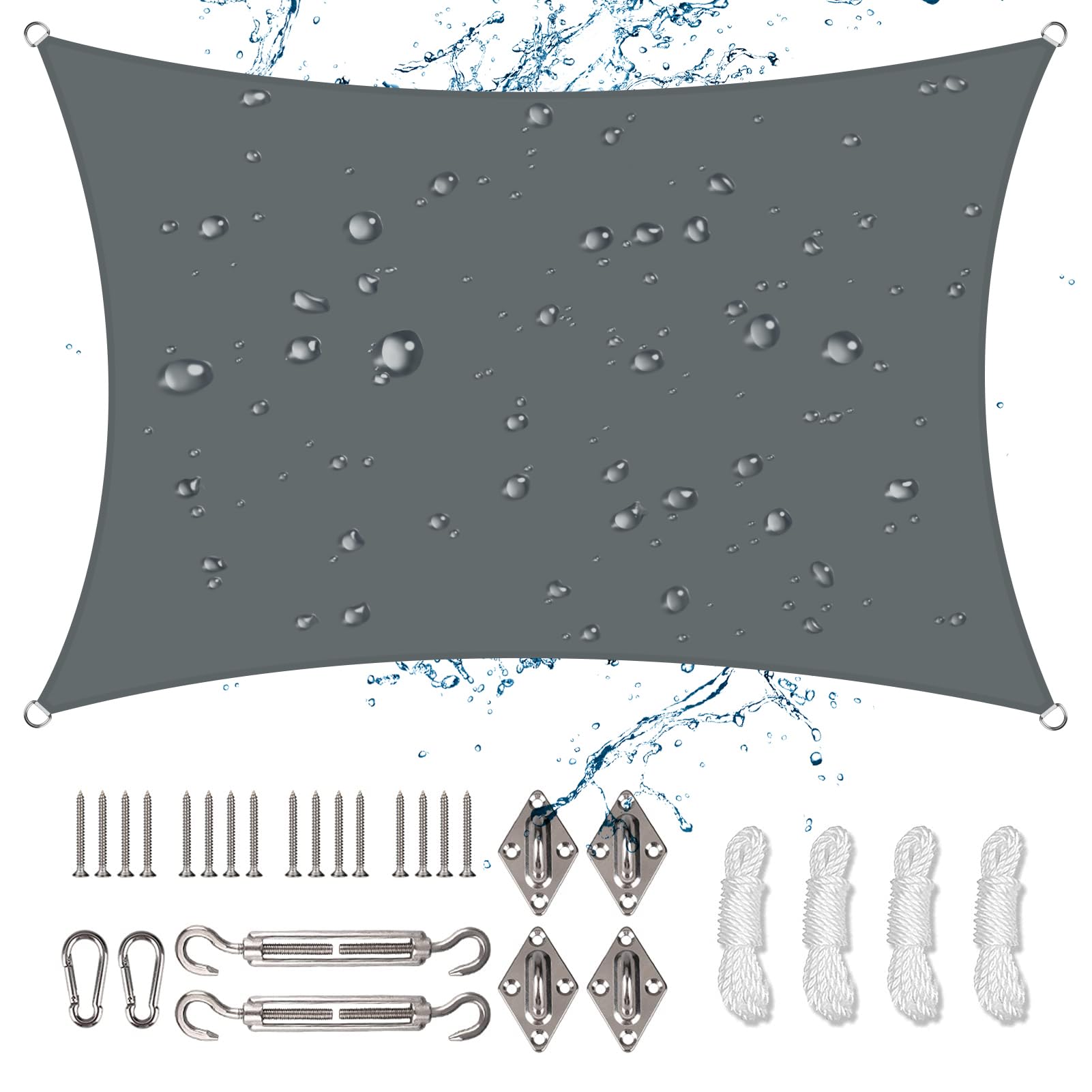 NAKIHOUSE Sun Shade Sail 6m x 4m Rectangle Waterproof Sunscreen Awning Canopy with Fixing Kit 95% UV Block Sun Shades for Outdoors, Garden, Patio, Yard, Party (Grey)