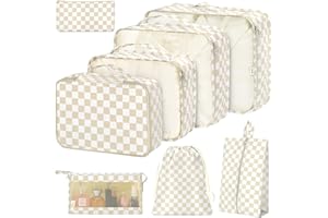 HATISAN 8 Set Packing Cubes for Suitcases,Packing Cube with Shoe, Cosmetics, Clothing, and Accessories Bags Packing Cubes for Travel Luggage Organizer Women Men(Khaki Checkered)
