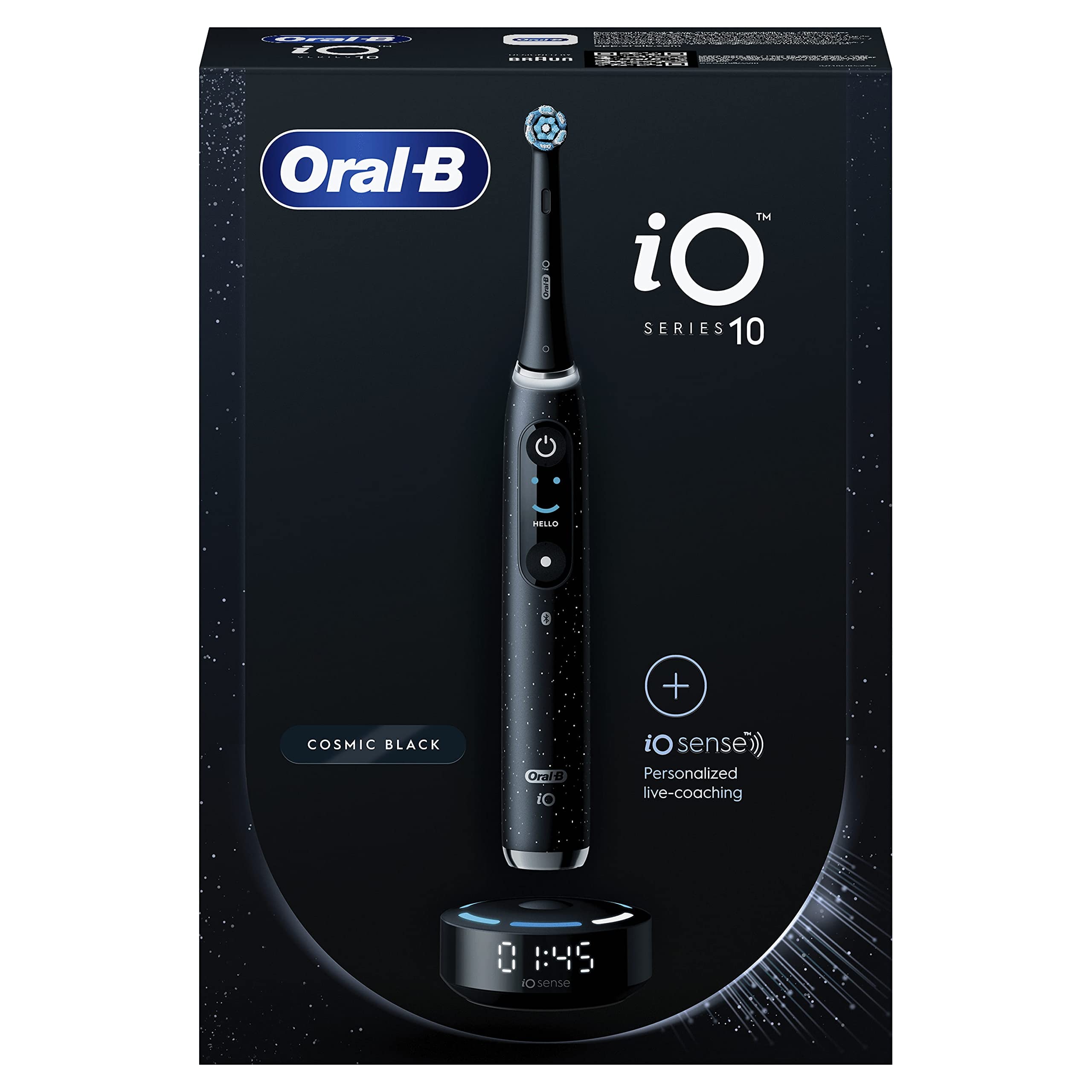 Oral-B iO Series 10 Elektrische Zahnbürste + Ersatzbürste , Bluetooth, 7 Bürstmodi, Coaching, 1 Reisetasche, 1 Tasche, Schwarz / Cosmic Black (Verpackung kann variieren)