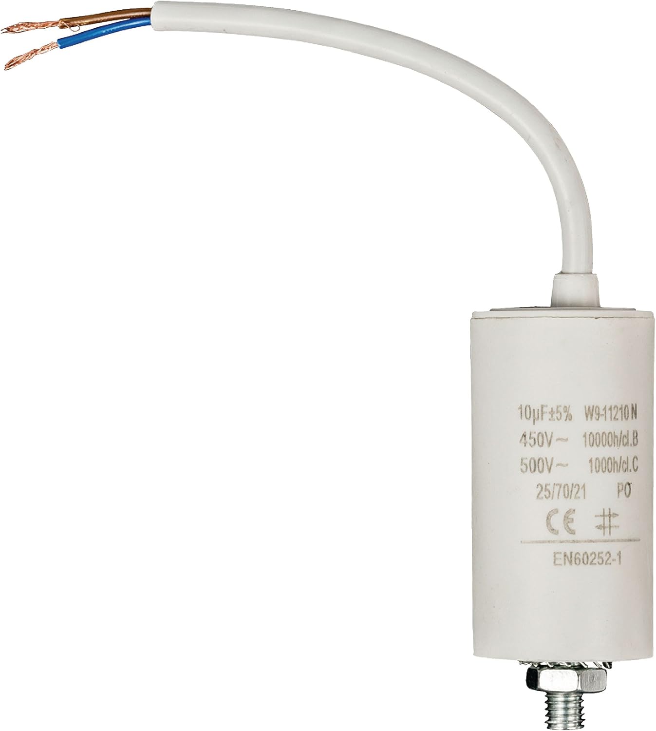 Invero Washing Machine Motor Capacitor 10.0uf - 450V Wired 250mm Cable - Dimensions: 35 x 69 mm - White