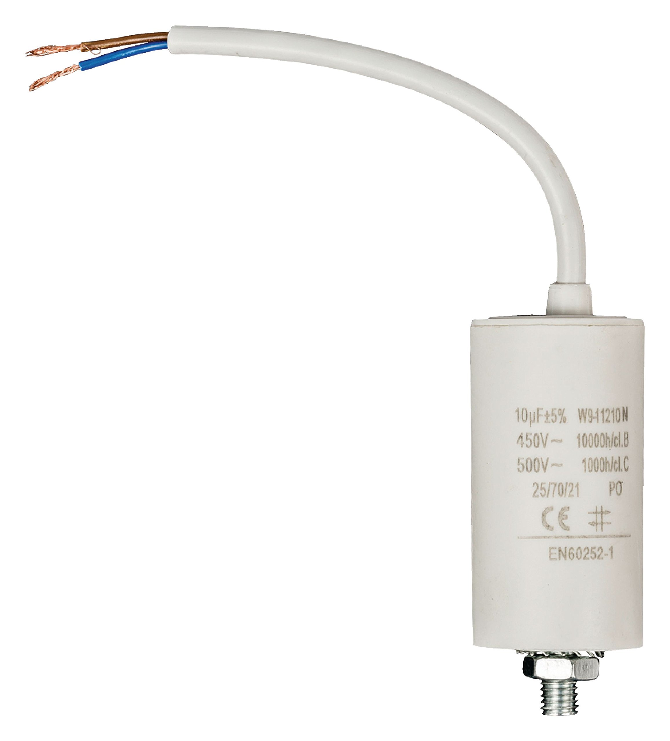Invero Washing Machine Motor Capacitor 10.0uf - 450V Wired 250mm Cable - Dimensions: 35 x 69 mm - White