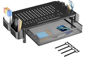 UPGRAVITY Monitor Stand Riser with Metal Drawer, Metal Monitor Stand with Drawer for Laptop, Computer, iMac, Height Adjustable Computer Riser with Side Storage Pockets for Home, Office