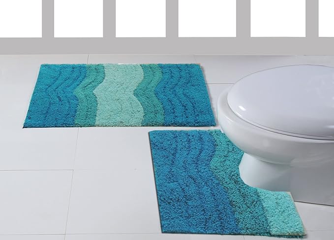 Waves 2 Piece Teal Green Bath Mat & Pedestal Toilet Rug 100% Cotton Set ...