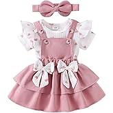 FOCUTEBB Baby Girl Clothes Newborn Romper Love Heart Print Short Sleeved Ruffled Bow Skirt Headband Outfits Set 0-18 Months