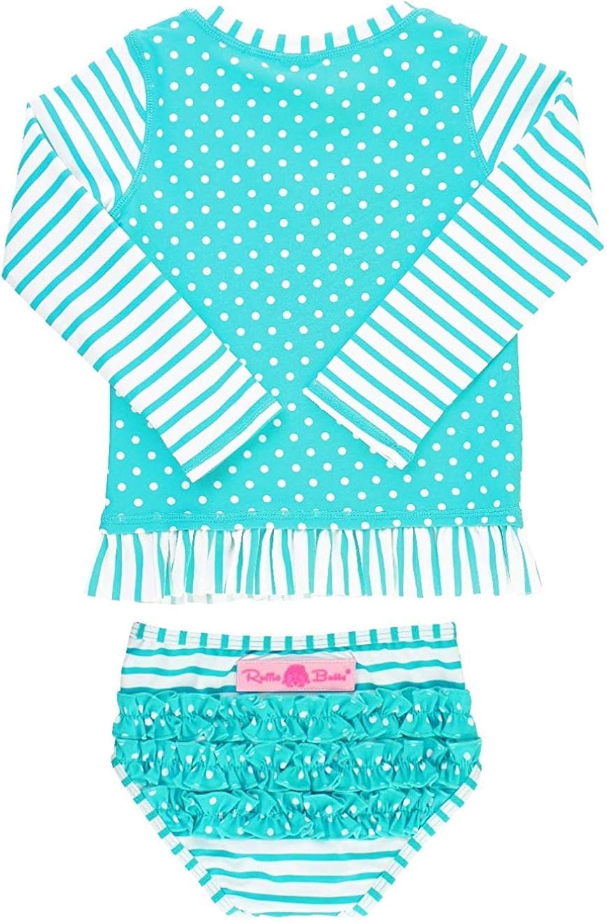 RuffleButts Girls Long Sleeve Rash Guard 2-Piece Swimsuit Set - Stripes Polka with UPF 50+ Sun Protection