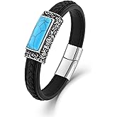Wisbal Men's Leather Vintage Turquoise & Tiger Eye Bracelet Stainless Steel Biker Jewelry for Him