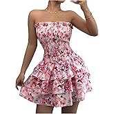 Floerns Women's Boho Floral Strapless Smocked Tube Dress Ruffle Layered Mini Dress Flowy Beach Sundress