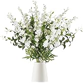 IPOPU White Flowers Artificial Delphinium 9PCS with Clematis Greenery for Wedding & Home Decor