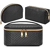 KTMOUW Makeup Bag 3 Pcs waterproof Cosmetic Bag Portable Travel Cosmetic Bag Weave Organizer storage bag (Black)