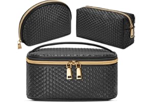KTMOUW Makeup Bag 3 Pcs Waterproof Cosmetic Bag Set Portable Travel Multifunction Storage Organizer, Weave Toiletry Bag for Women and Girls, Black