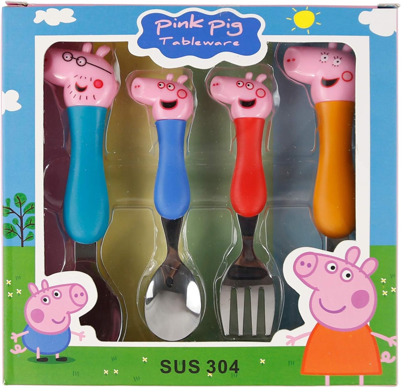 QiMing Pink Pig Easy Grip Tableware Fork Spoon Set,Stainless Steel Tool for Children
