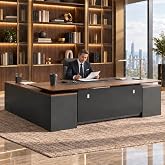 ZIMASYA 79" L Shaped Executive Desk with File Cabinet Drawers Outlet USB, Dual-Motor Supports 276 lbs Adjustable-Height Executive Desk with Privacy Panel for Boss Managers Office Home Walnut &amp; Black