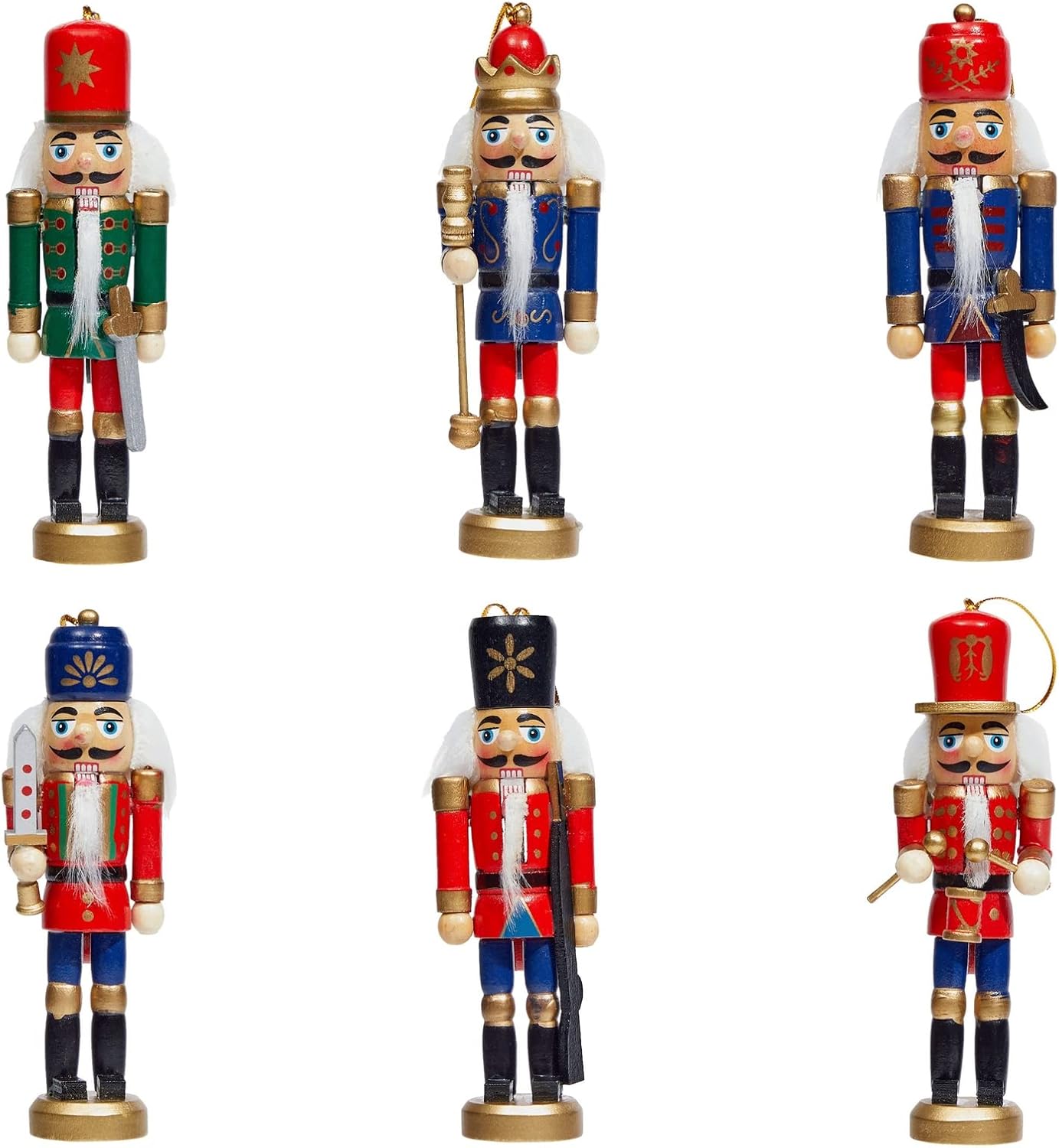 Nutcrackers - 6 Pack Wood Nutcracker Ornaments for Christmas Tree, Rustic Holidays Decorations in 6 Designs (1 x 5 Inches)