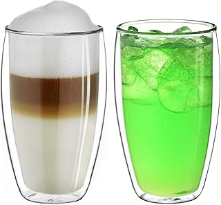 Creano doppelwandiges Thermoglas 400ml „DG-SH“, großes Doppelwandglas aus Borosilikatglas, doppelwandige Kaffeegläser, Teegläser, Latte Gläser 2er Set