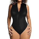 Popilush Leather Bodysuit for Women Tummy Control Shapewear Mock Turtleneck Thong Body Suits Zip Up Corset Top