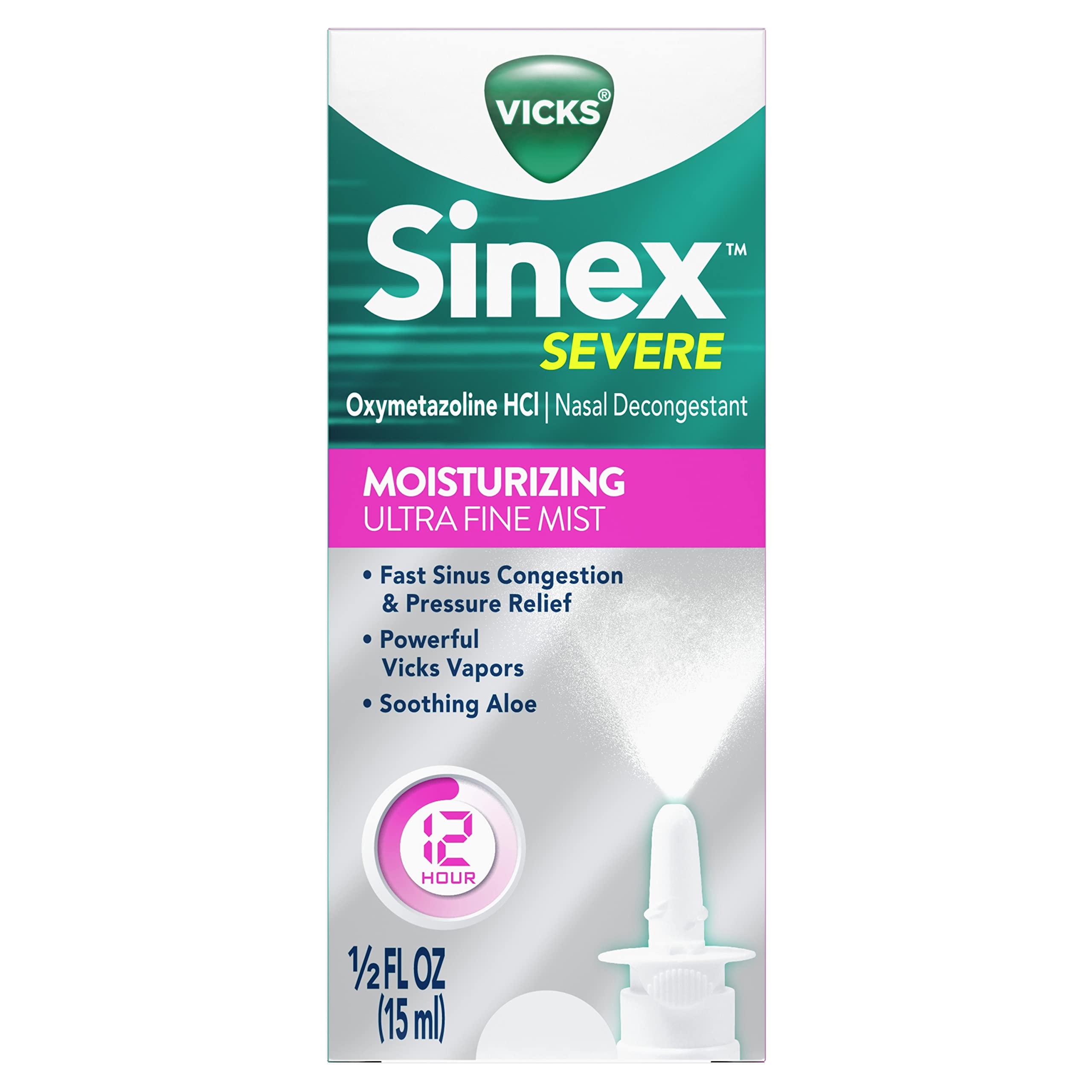Vicks Sinex Severe Nasal Spray with Moisturizing Ultra Fine Mist, Decongestant for Stuffy Nose Relief from Cold, Allergy, Sinus Pressure - 265 Sprays