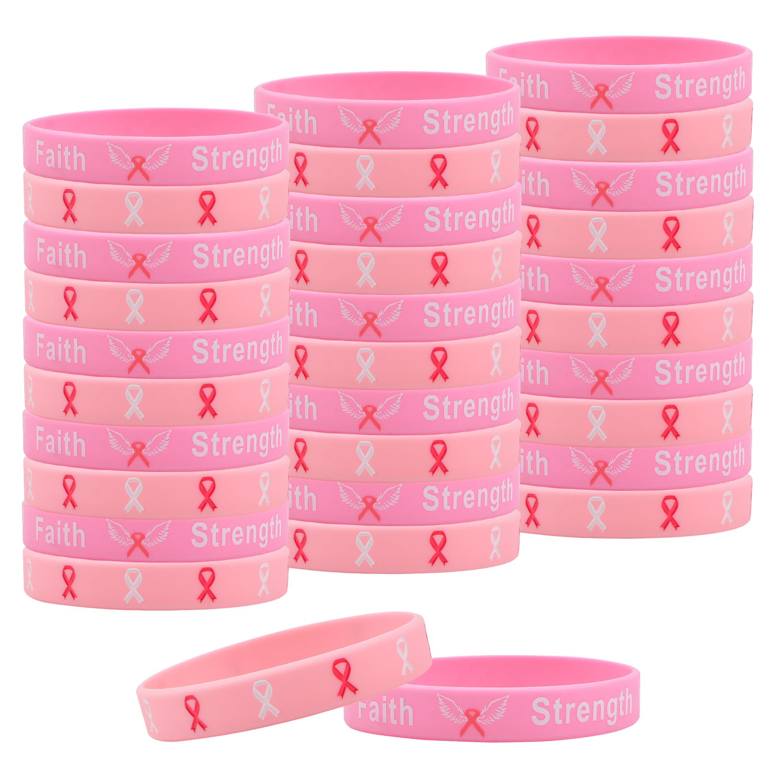 WANDIC 30 Pcs Breast Cancer Awareness Bracelet with Pink Ribbon Silicone Ribbon for Breast Cancer Awareness