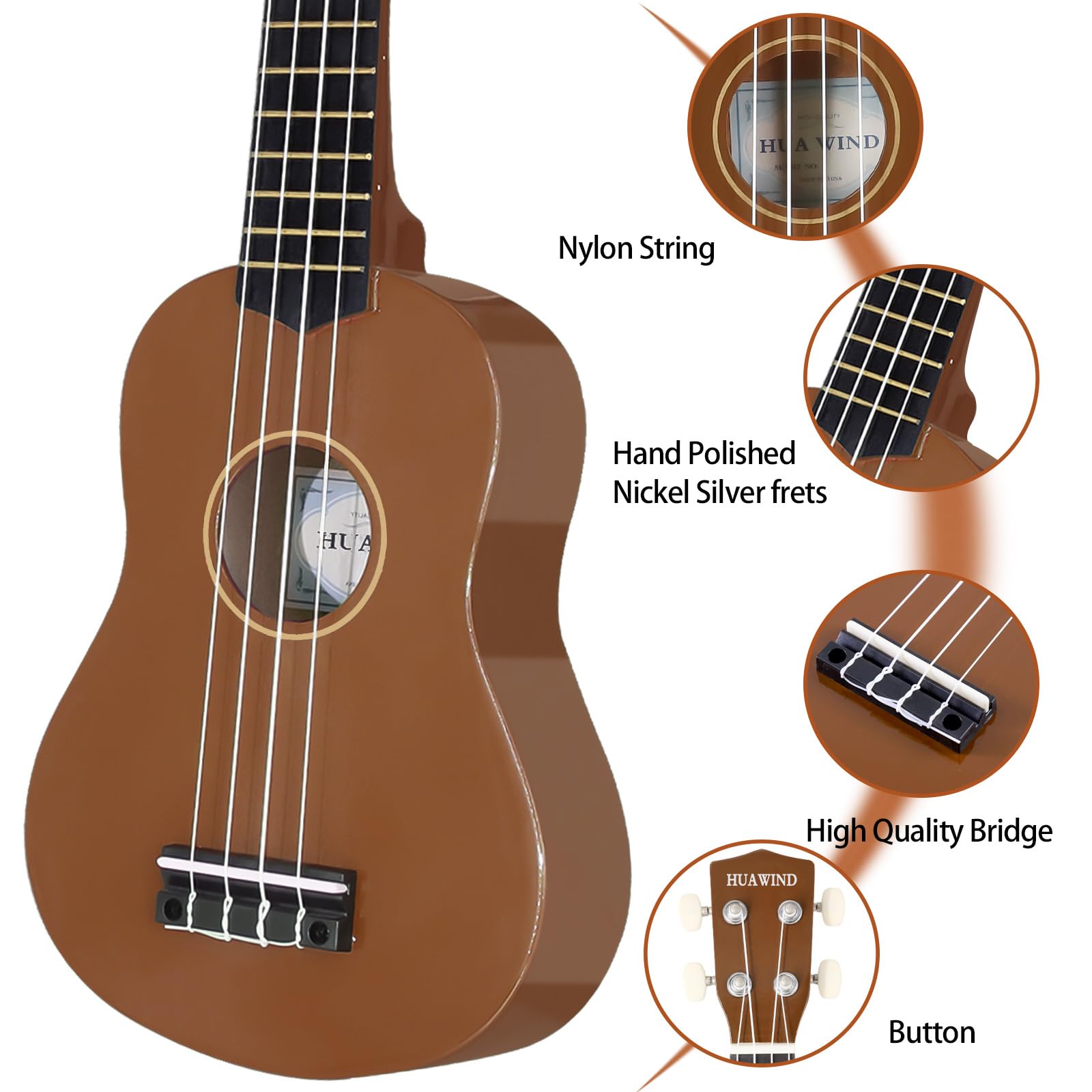 HUAWIND 21 Inch Soprano Ukulele for Beginners, Four String Wood