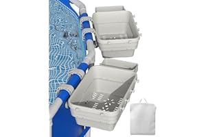 VICHTOP Poolside Storage Basket, Pool Accessories for Above Pools, Swimming Pool Basket With Cup Holder, Mesh Bag and Support Bar, Above Ground Pool Accessories Pool Toy Basket (Off White-2PCS)