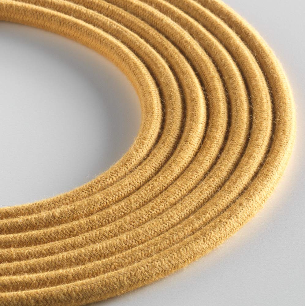 Klartext – Light Round Textile Cable for Lighting, 3 x 0.75 mm, Mustard Yellow Cotton, 5 m. Attention: Earth Cable Included! Maximum Anti-Shock Safety!