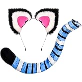 DDazzling Tiger Costume Accessories Set, Plush Ears Headband with Pink Inner Ears, Blue Striped Tail with Adjustable Strap