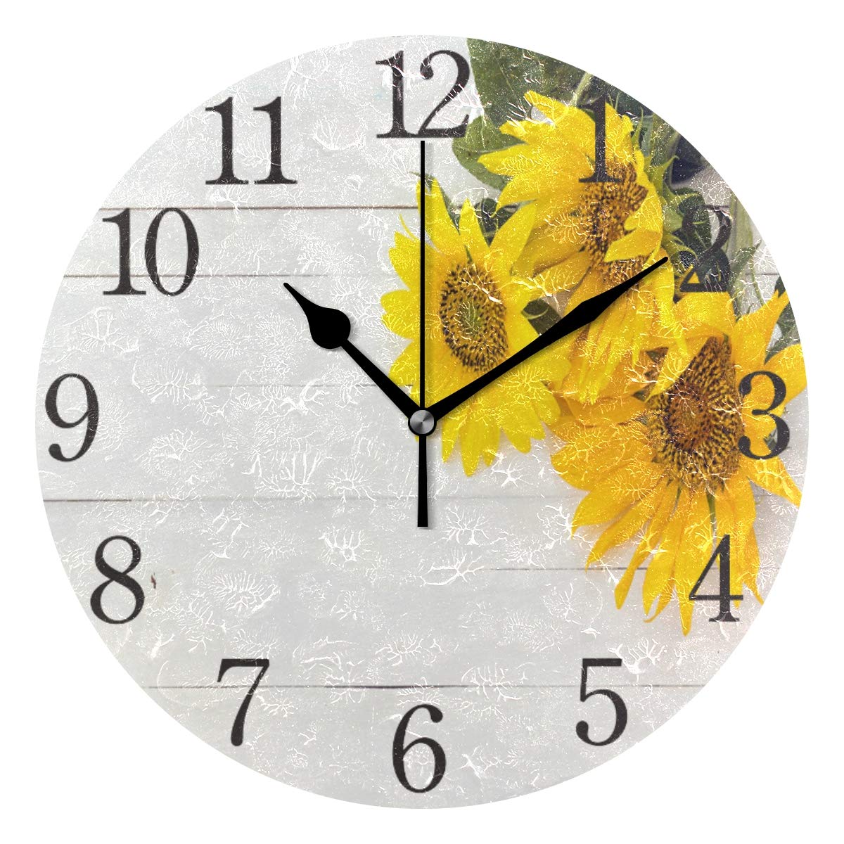 Mnsruu Yellow Sunflowers White Round Wall Clock, Silent Non Ticking Oil Painting for Bedroom Living Room Office School Home Decor