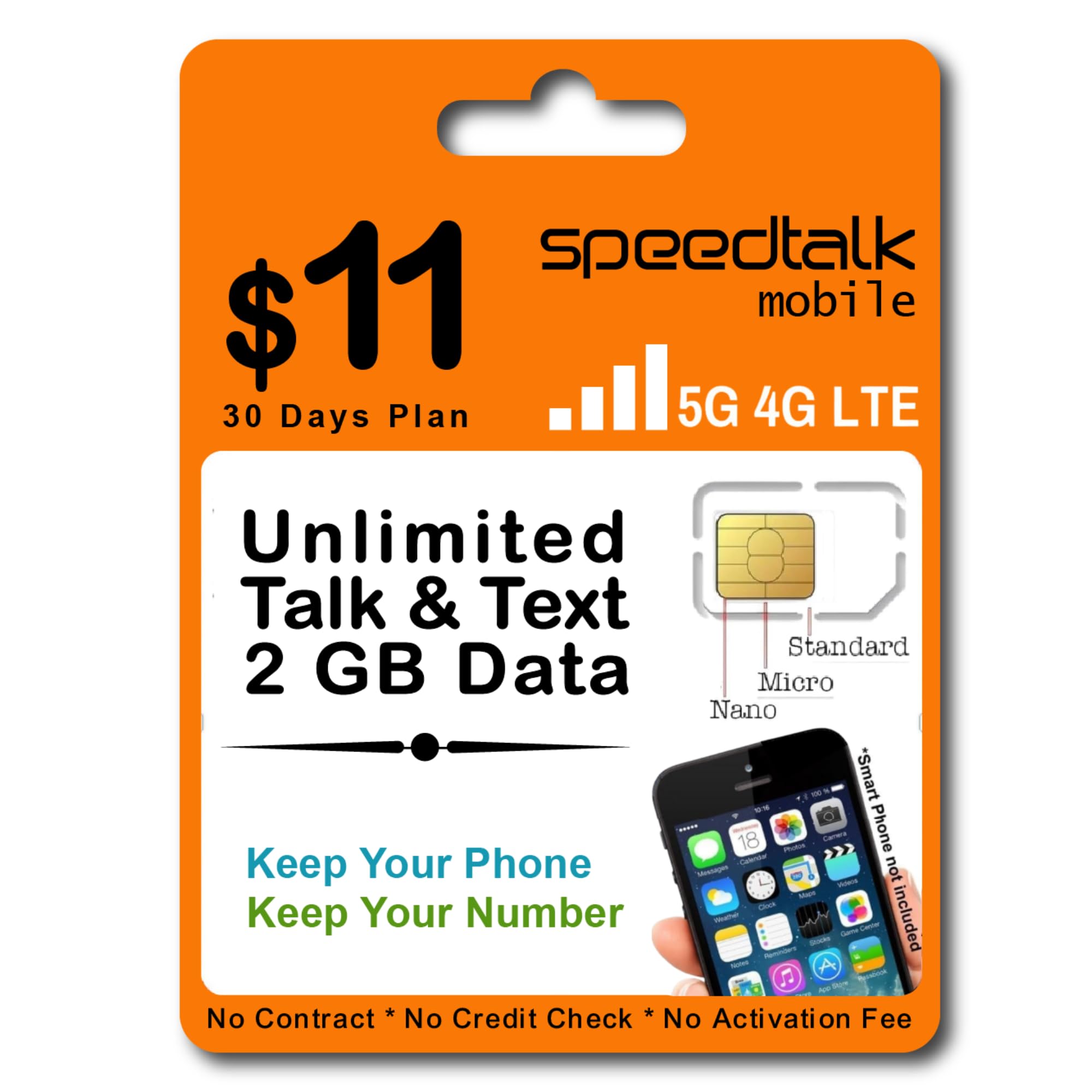 SpeedTalk Mobile Prepaid Cell Phone SIM Card for Smart Phones & Cellphones | $11 Monthly Plan - Unlimited Talk & Text + 2GB 5G 4G LTE Data | 3-in-1 SIM Card Standard Micro Nano