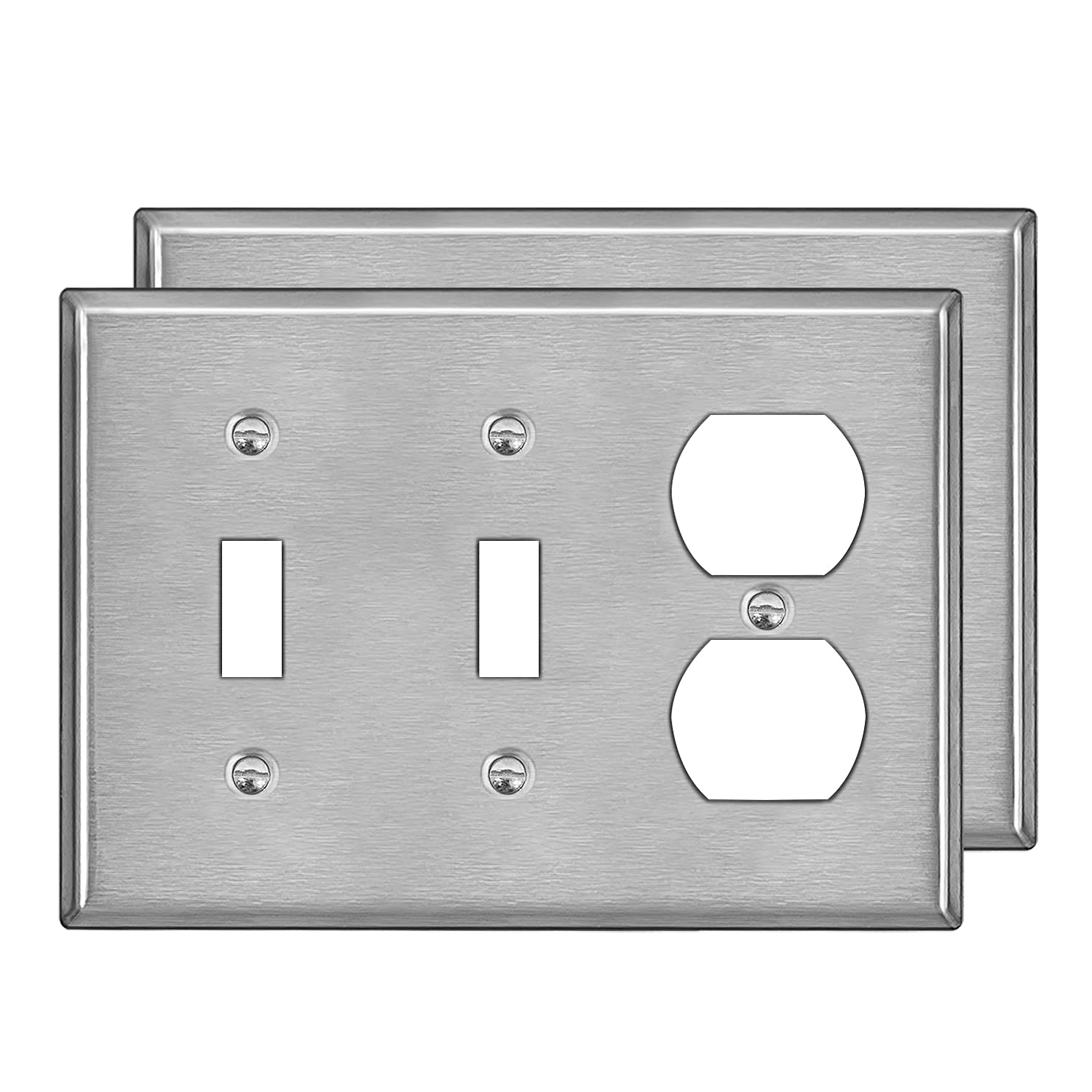 Photo 1 of [2 Pack] BESTTEN 3-Gang Combo Metal Wall Plate with Protective Film, 1-Duplex/2-Toggle, Standard Size, Corrosion-Resistant Stainless Steel Outlet and Switch Cover, Brushed Finish, Silver