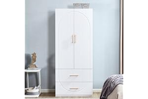 LivelyLodge 74.2" H White 2 Doors 2 Drawers Modern Wooden Armoire Wardrobe Bedroom Freestanding Closet Storage Cabinet Clothes Organizer Bathroom Storage with Hanging Rod Wardrobe Closet