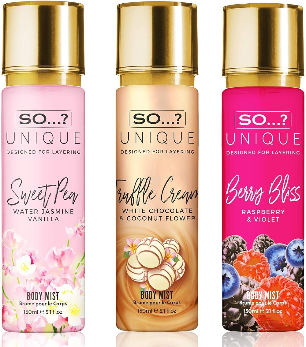 SO...? Unique Womens Body Mist Bundle Sweet Pea, Truffle Cream, Berry Bliss