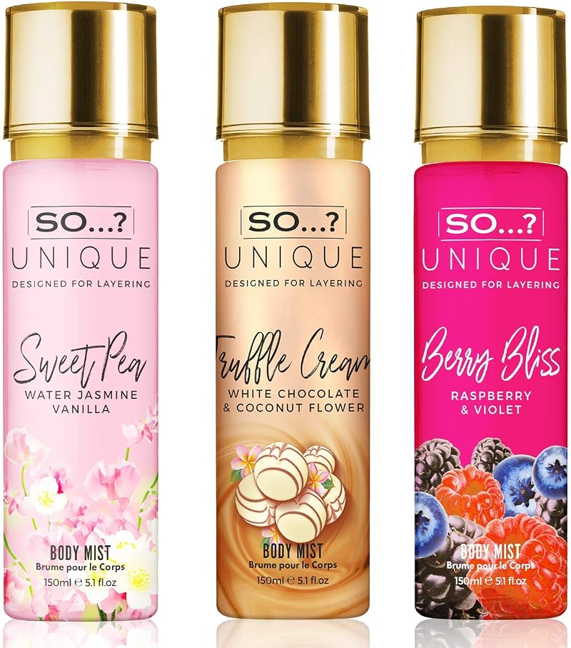 SO...? Unique Womens Body Mist Bundle Sweet Pea, Truffle Cream, Berry Bliss