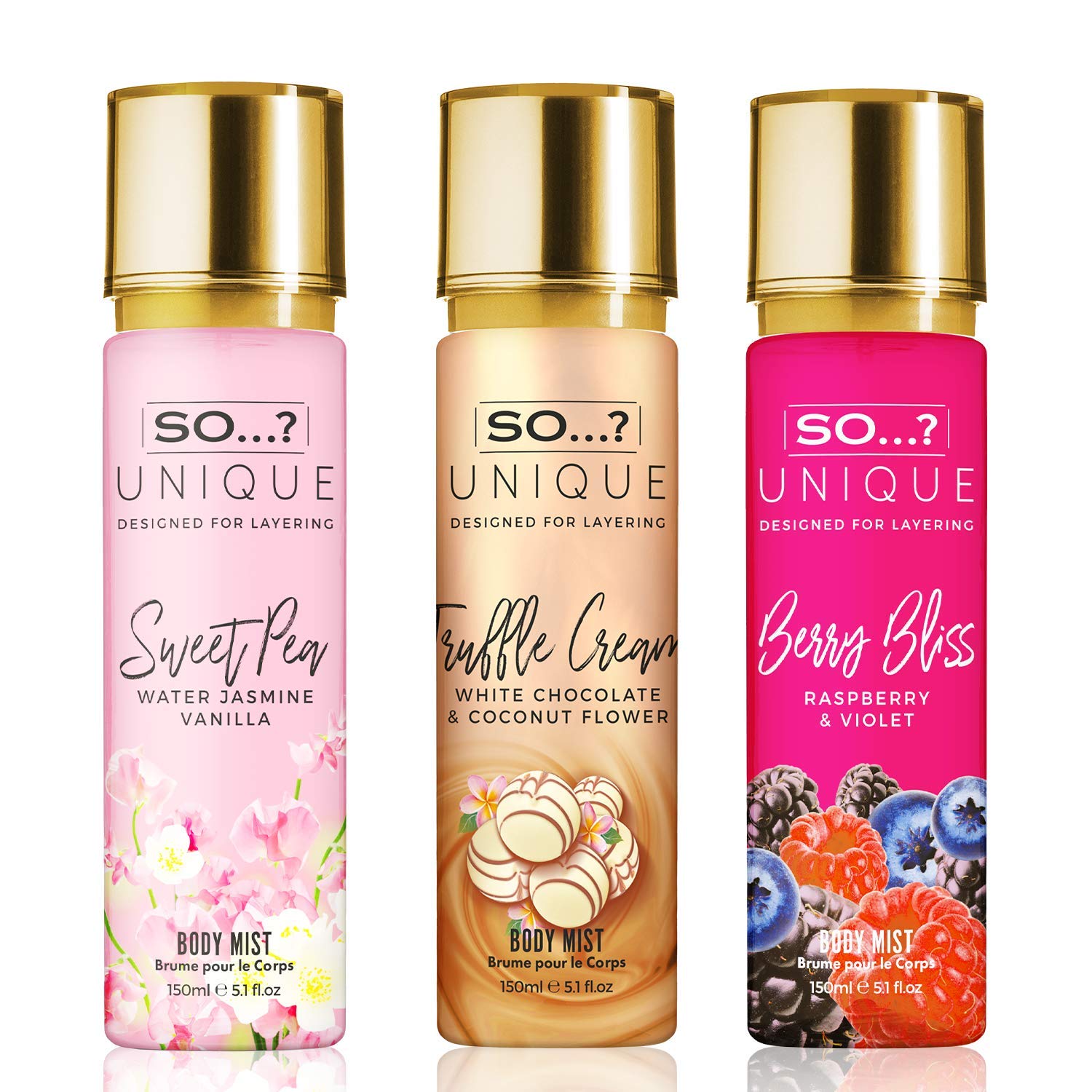 So…? Unique Womens Berry Nice Bundle Sweet Pea, Truffle Cream, Berry Bliss Body Mist Spray Mixed Fragrance Bundle 150ml (Pack of 3)
