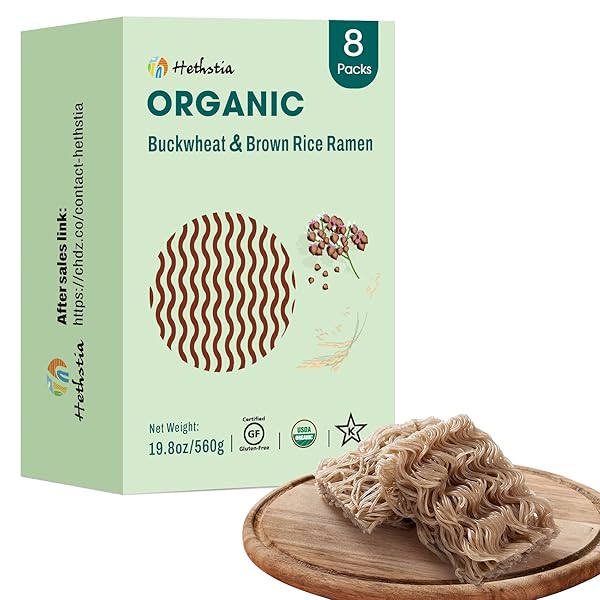 HETHSTIA RICE RAMEN ORGANIC BROWN RICE AND BUCKWHEAT NOODLES, GLUTEN-FREE BUCKWHEAT RAMEN, WHOLE GRAIN RICE RAMEN PASTA, NON-GMO AND KOSHER, 8 PACKS SOBA RAMEN NOODLES BABY HEALTHY DIET (19.8 OZ)